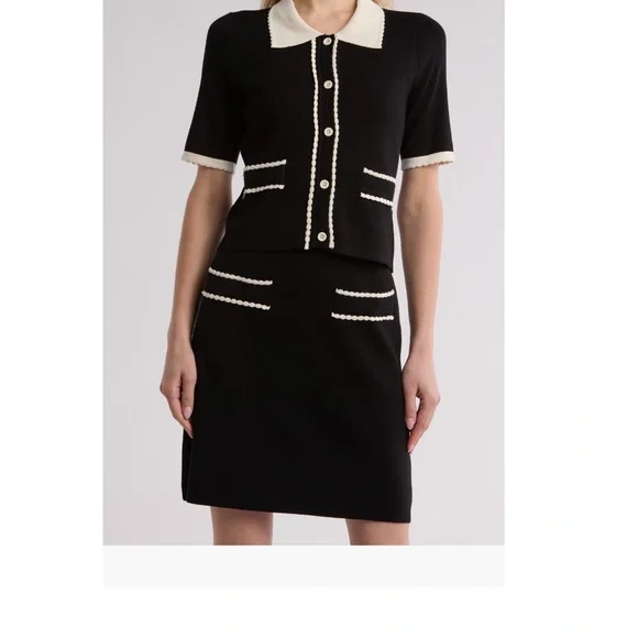 Adrianna Papell Contrast Scallop Trim Cardigan Black Cream - Picture 2 of 3